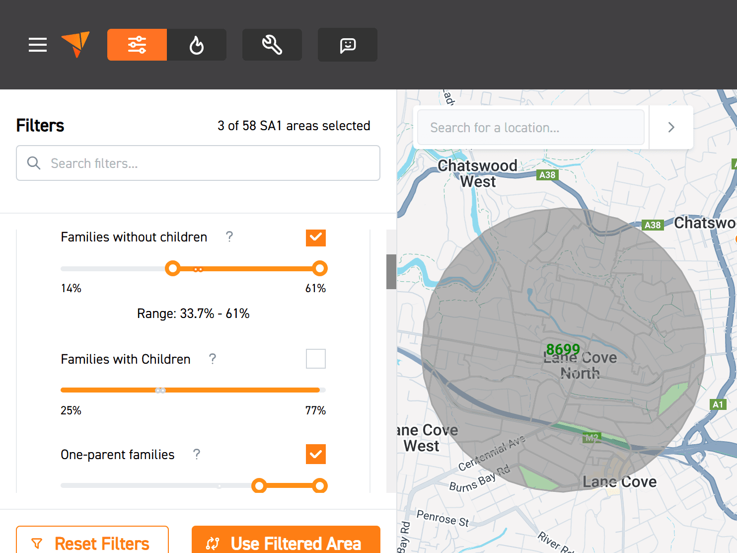 Image of many filters visualised on a map