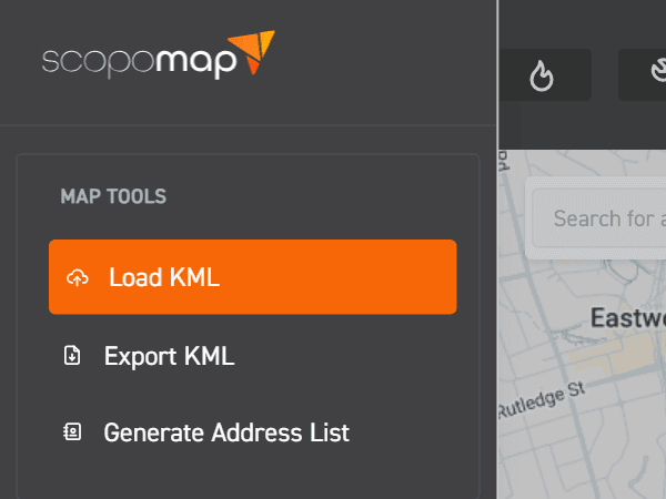 Image of side menu focusing on Load KML option