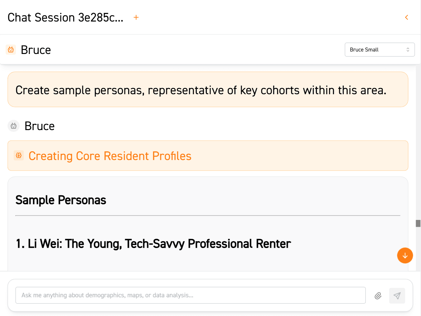 Image of an interaction with Bruce AI, creating personas for an area