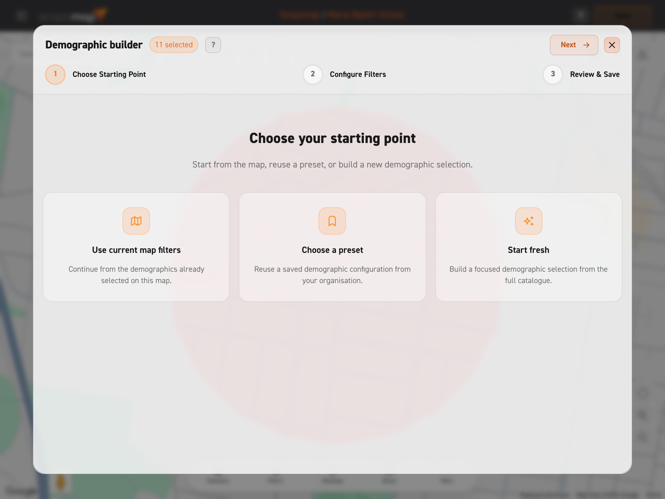 Image of demographics builder modal start page