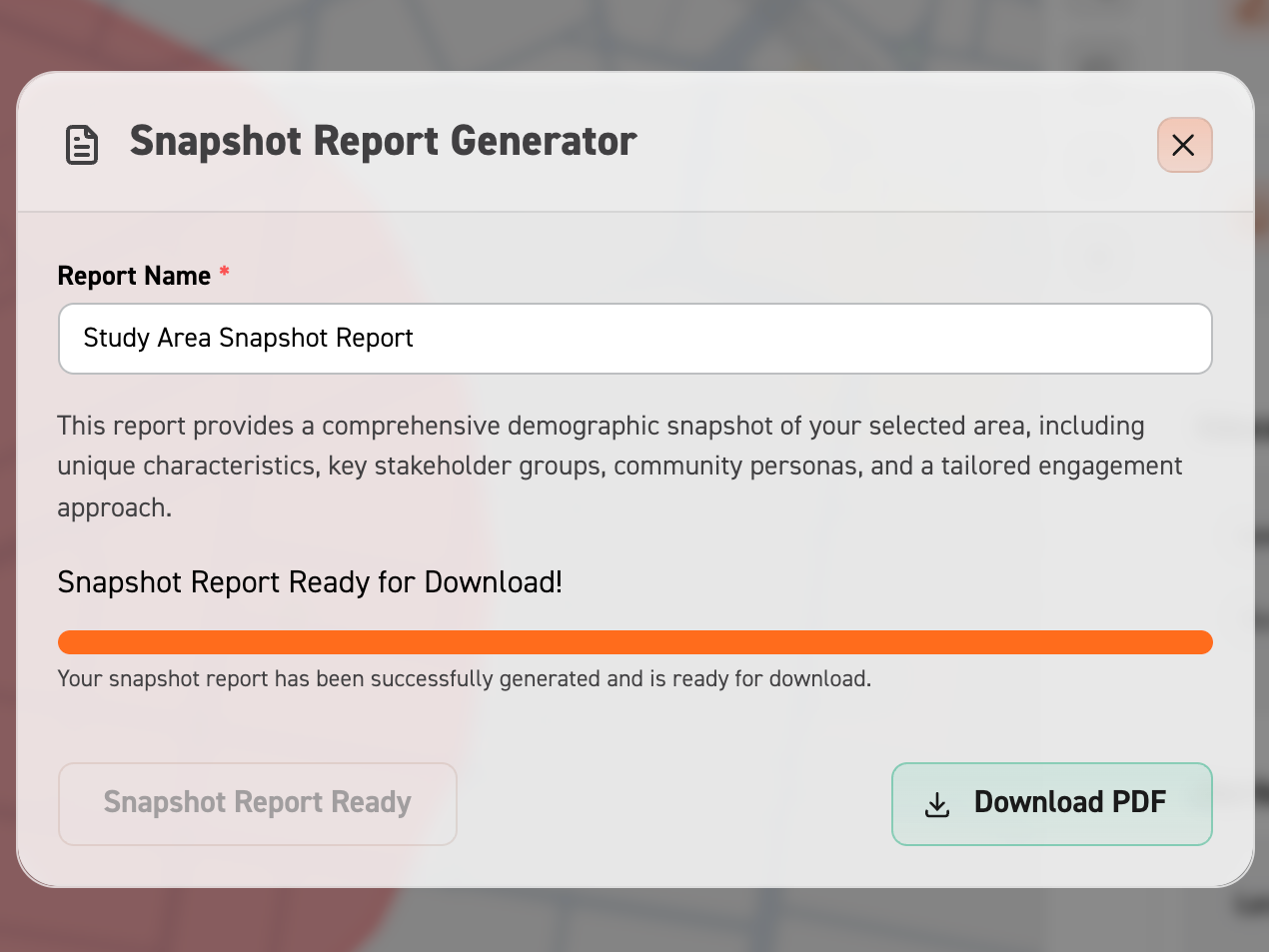 Image of snapshot report generator modal in generation completed state