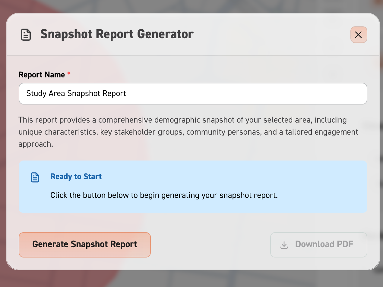 Image of the snapshot report generator modal in Scopomap