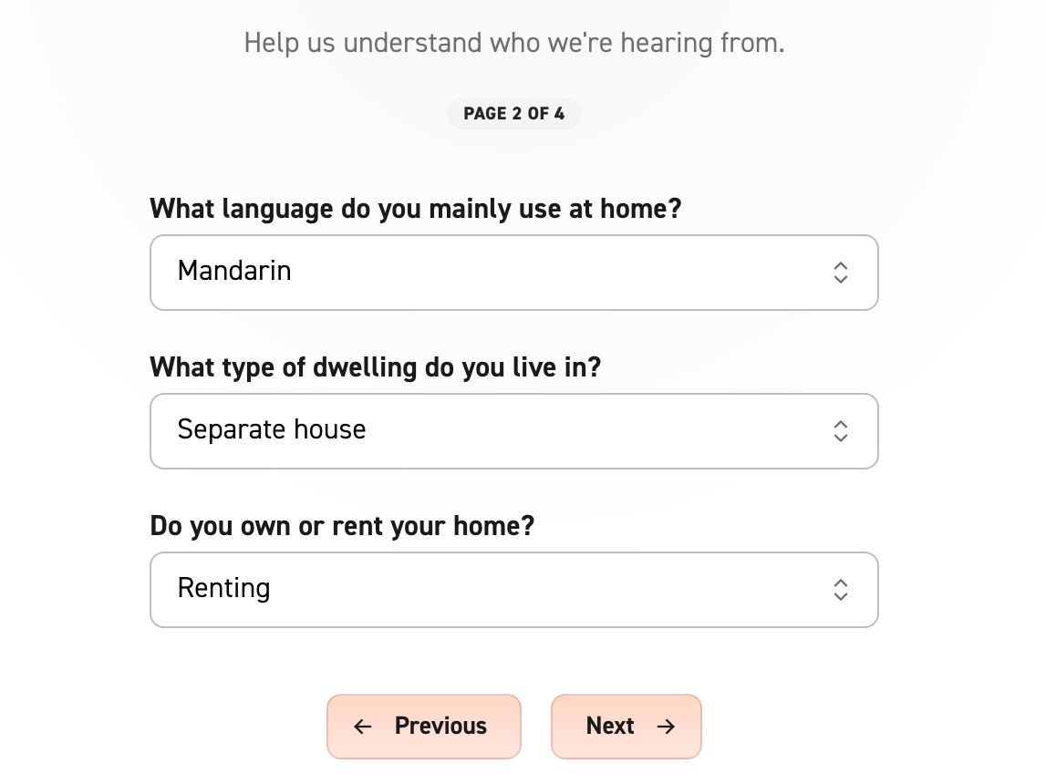 Image of a page from the live preview of the survey