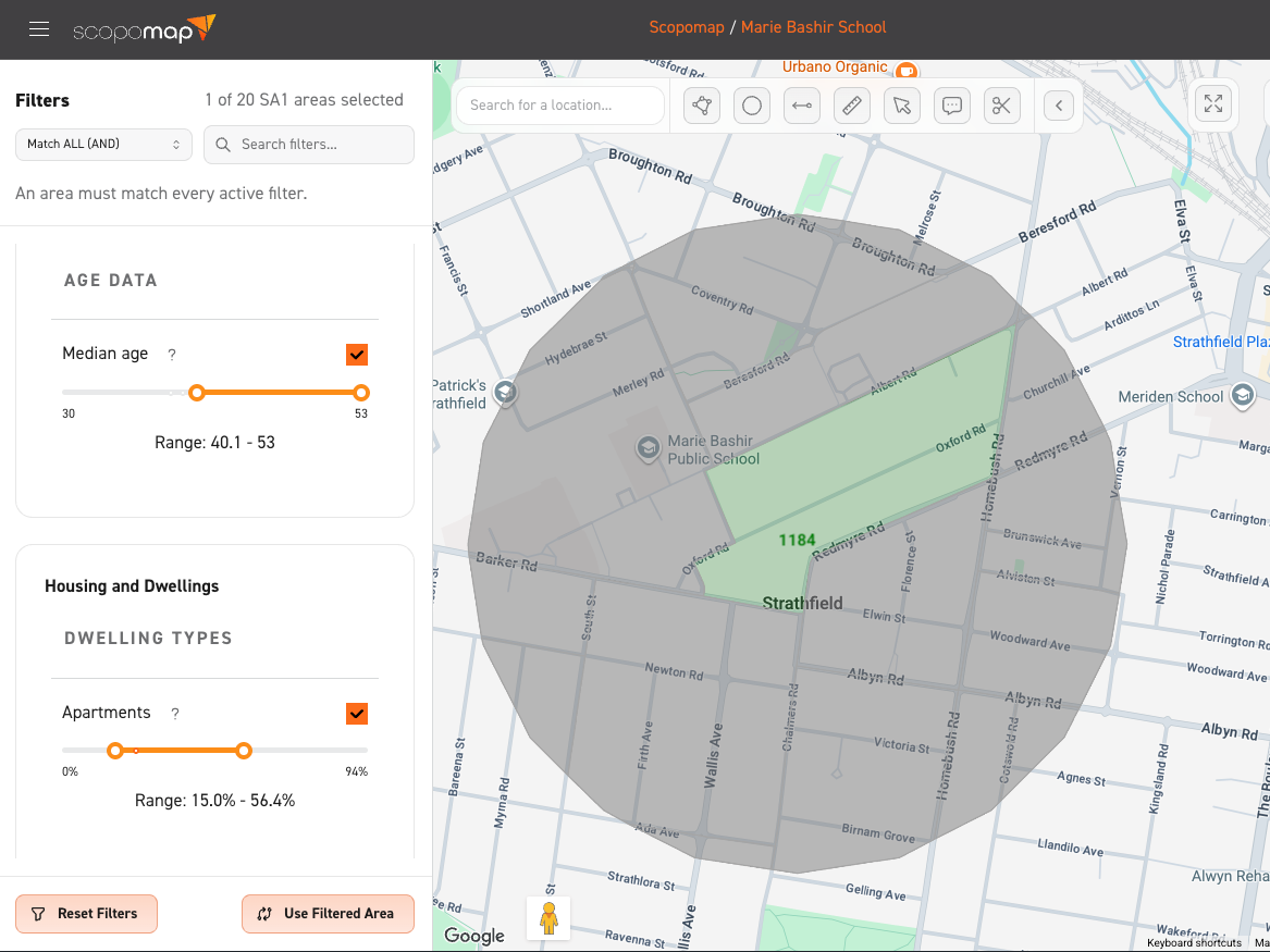 Image showing multiple filters being applied to a map.