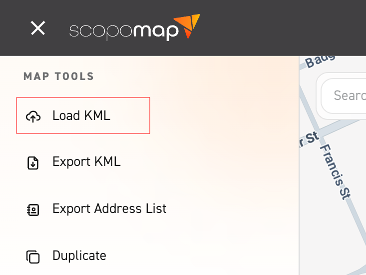Image of side menu focusing on Load KML option