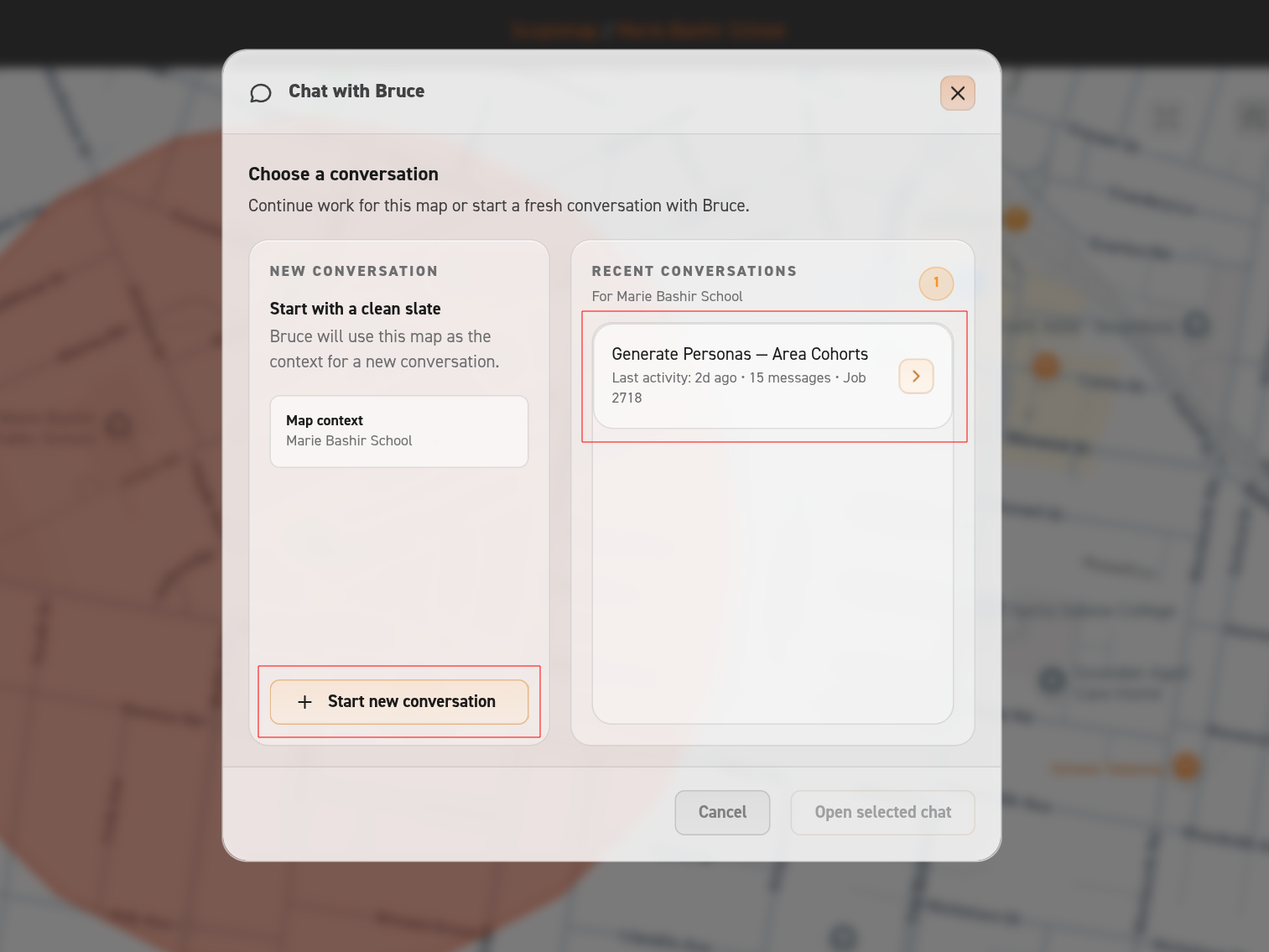 Image showing the user they can either start a new conversation or select an chat from the history
