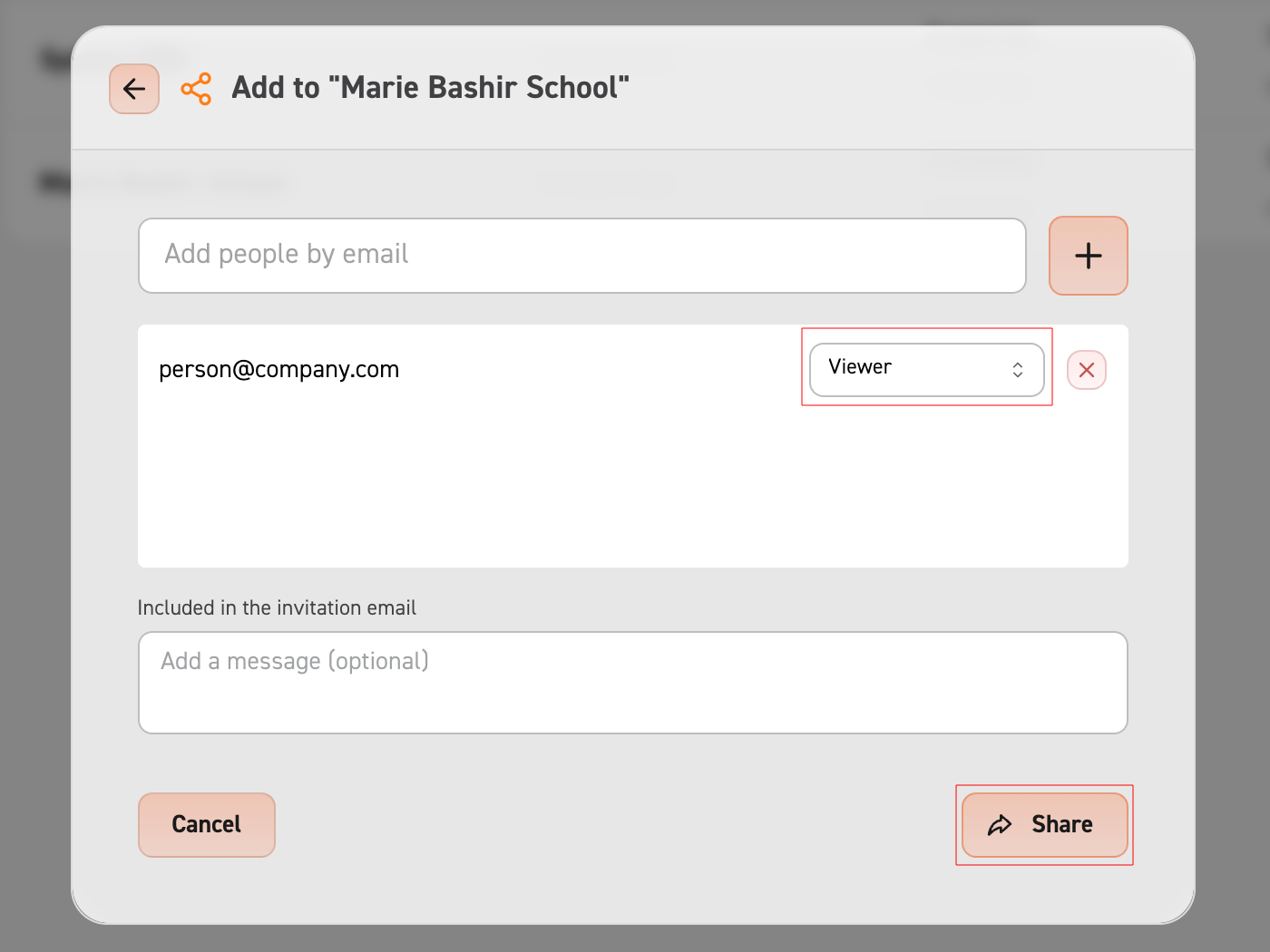 Image showing the user they can add more recipients, update their roles/permissions and add a message before finally sharing the map