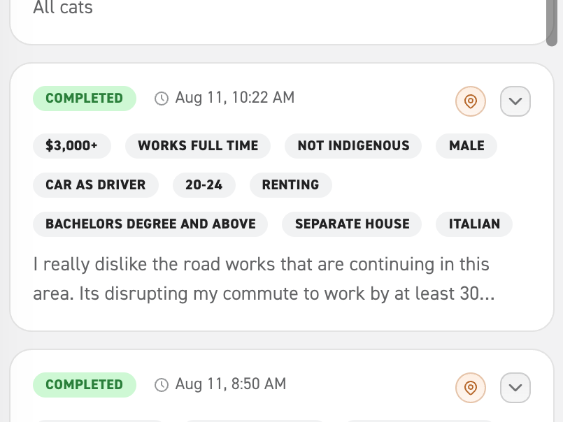 Image of individual responses from a feedback form
