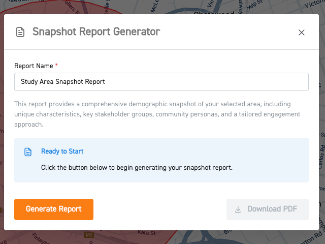 Image of the snapshot report generator modal in Scopomap