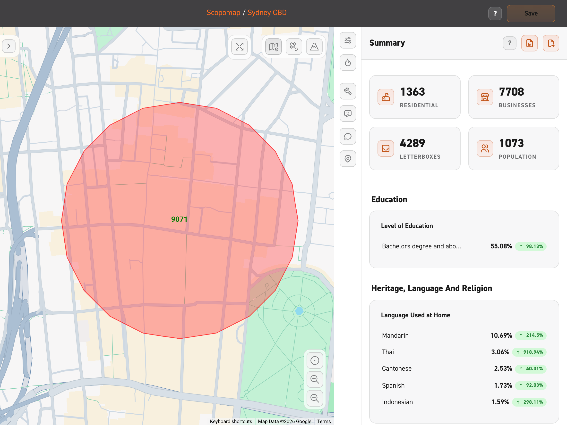 Image of a custom map and a demographic snapshot on the right side